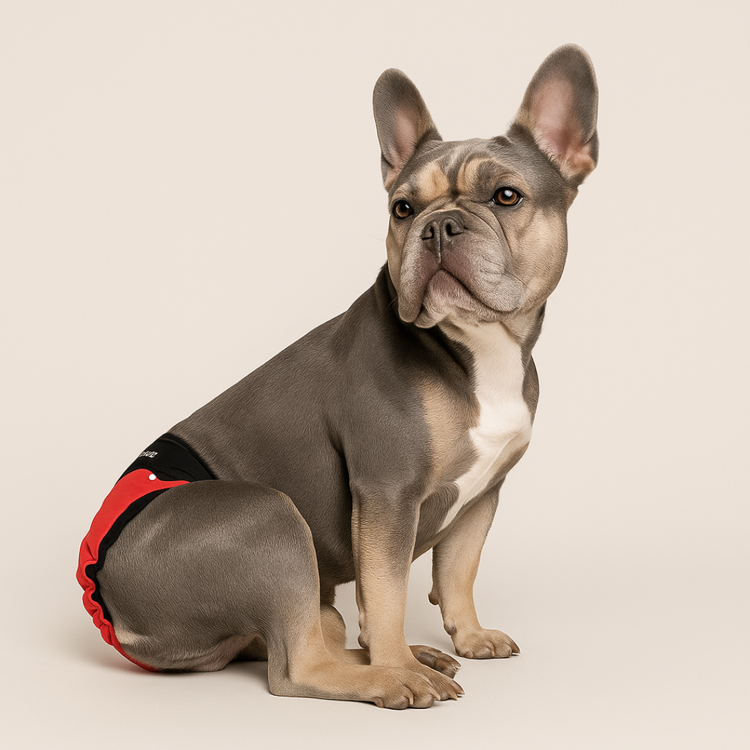 Französische Bulldogge mit rotem Läufigkeitshöschen in der Seitenansicht